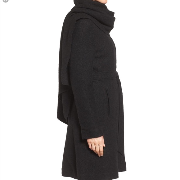 🆕Cole Haan black belted wool coat attached scarf - Picture 2 of 7
